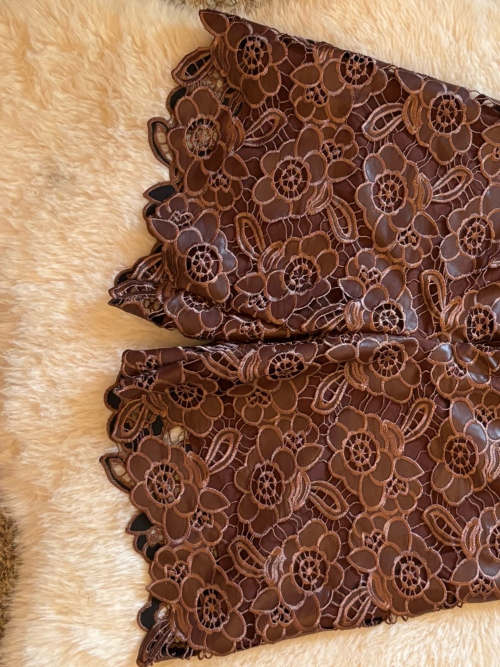 Fax leather  Brown Floral Lace Overlay short